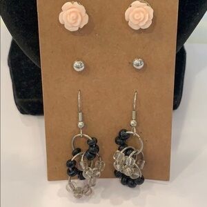 💐5/25 3 pair small rose silver ball stud dangle